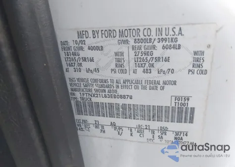 2003 Ford F-250 Lariat/Xl/Xlt z USA, uszkodzony, nr VIN 1FTNX21L83EB08878